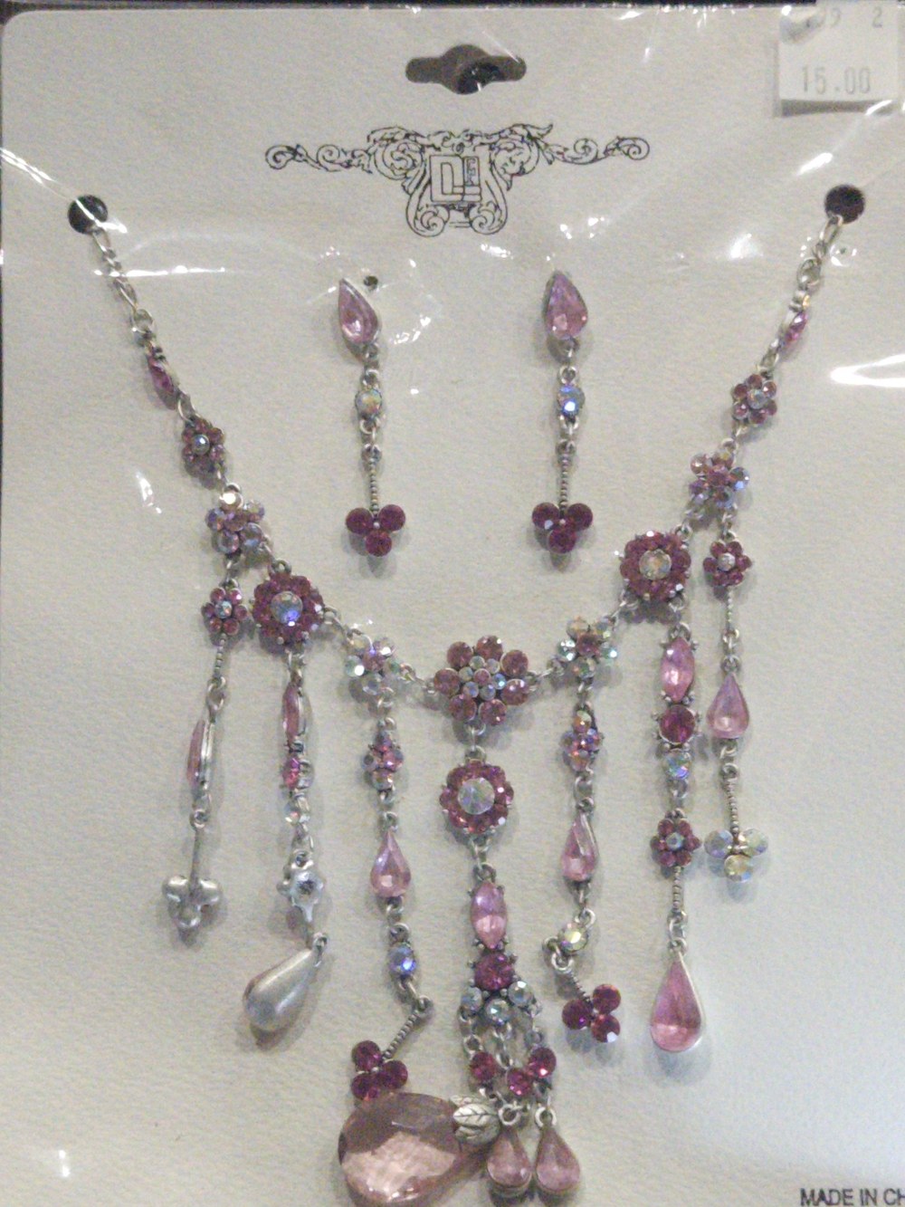 Vintage DL Logo Pink Fuchsia Rhinestone Fringe Chandelier Necklace Earring Set